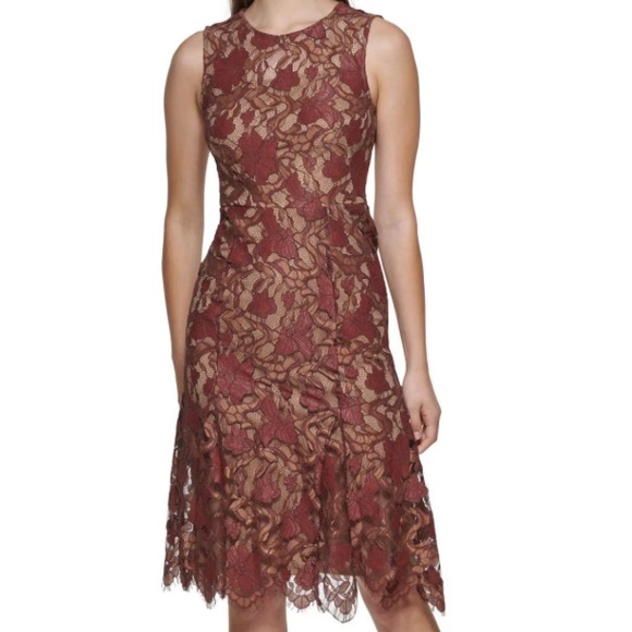 Calvin Klein Womens Brown Fringed Scalloped Hem Lined  Jewel Neck Sheath Dress - Picture 1 of 8